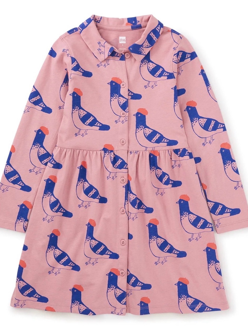 Tea Collection Pink Dress with Blue Pigeon Print and Orange Accents
